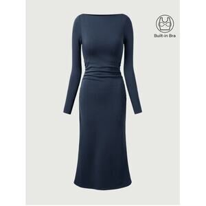 OGL Thermal Boatneck Ruched Sides Brami Midi Dress SIZE L COLOR INK BLUE